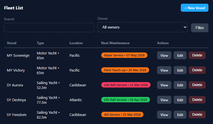 Yacht Manager fleet dashboard screen