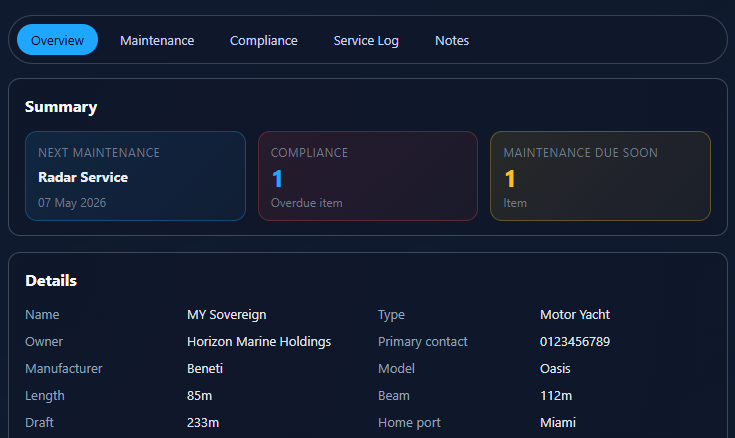 Yacht Manager vessel detail screen